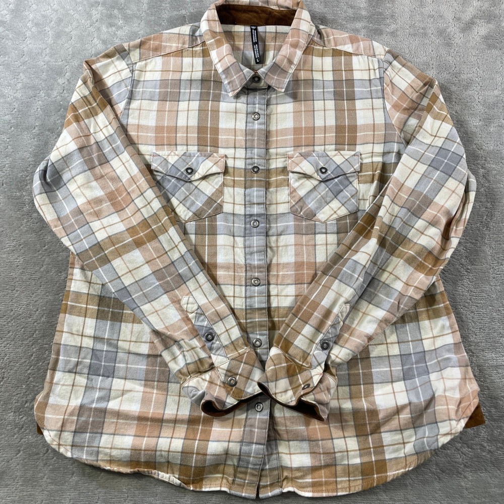 Kuhl Women's Plaid Button-Down Shirt in Tan, Cream, Gray